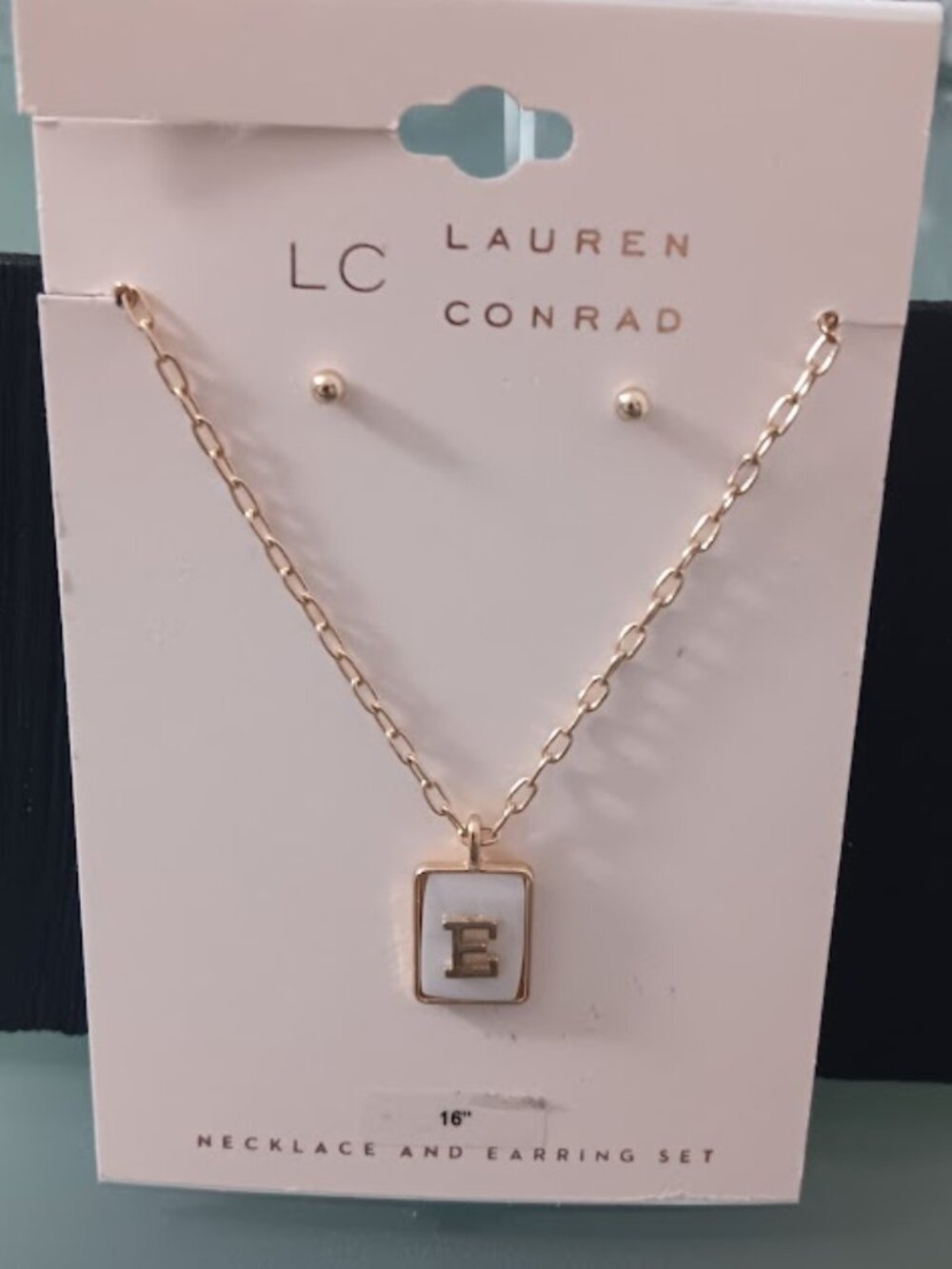 LC LAUREN CONRAD 2pc SET Gold Mother of Pearl 'E' Initial Necklace/Stud Earrings - Picture 2 of 4